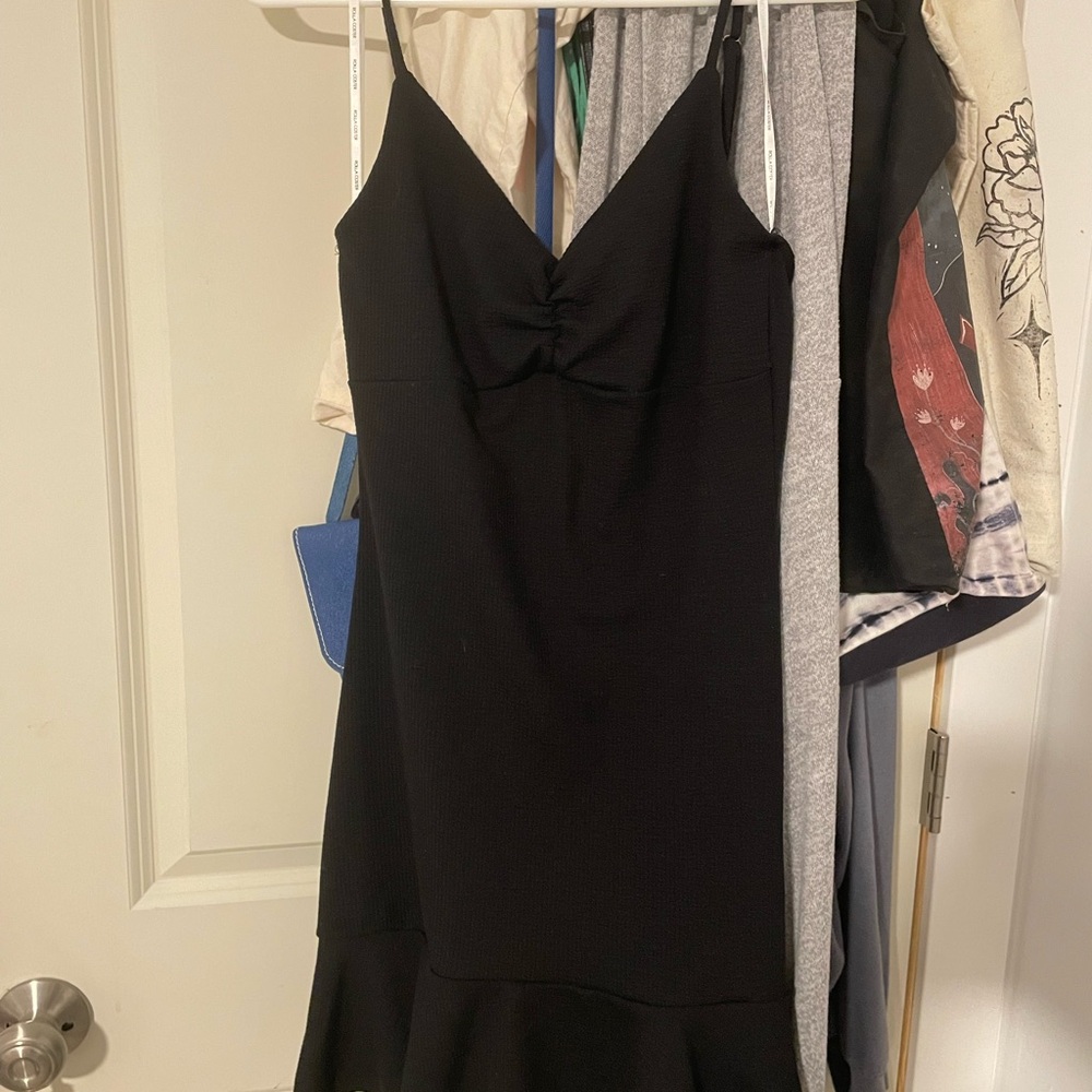 Black Ruched Bust Dress Mini Spaghetti Strap Flounce Hem Classic